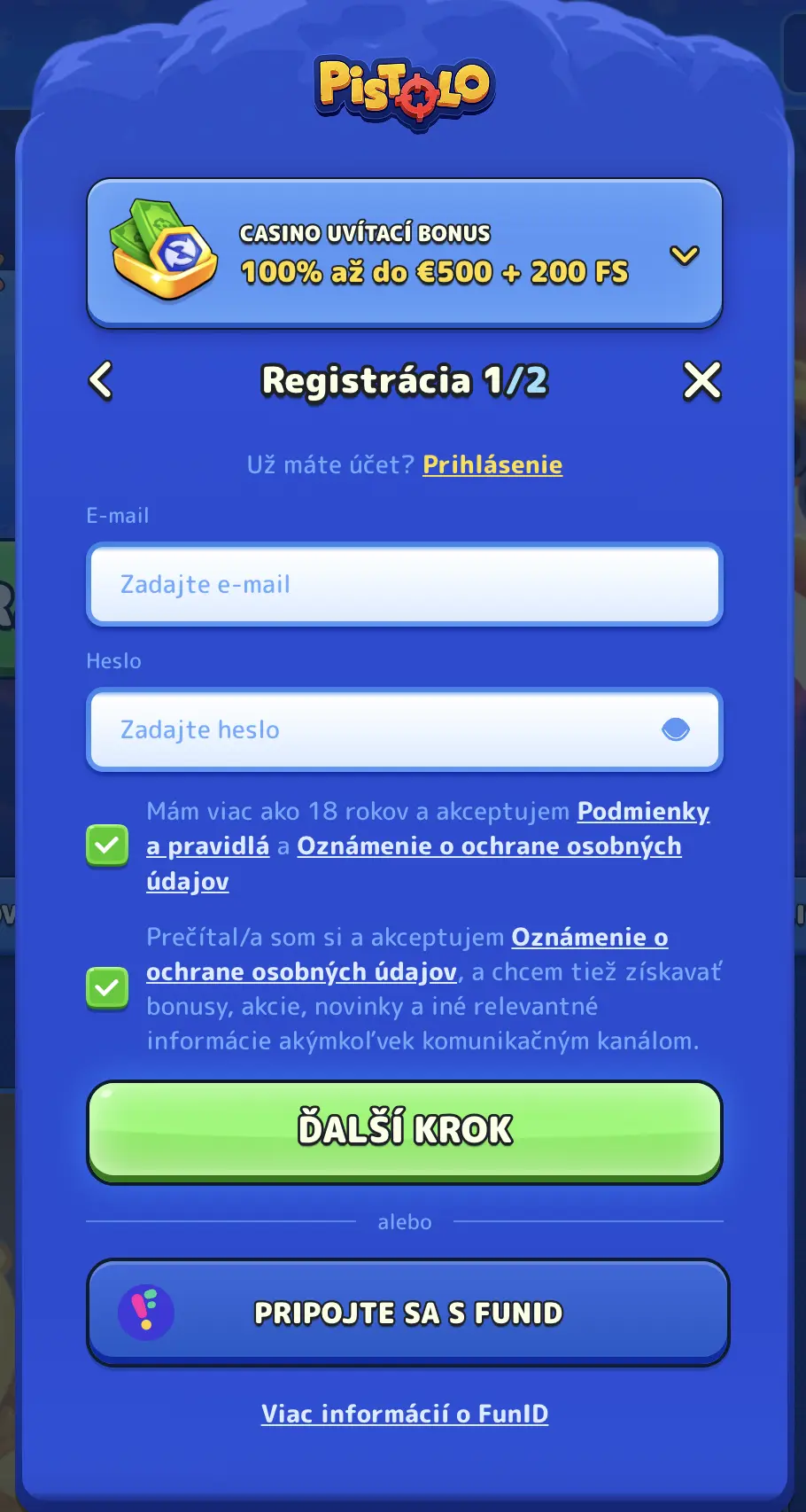 Registrácia v Pistolo Casino – Získajte €500 a 200 FS po vytvorení účtu. Registračný formulár kasína Pistolo s ponukou uvítacieho bonusu €500 + 200 spinov a možnosťou pripojenia cez FunID.